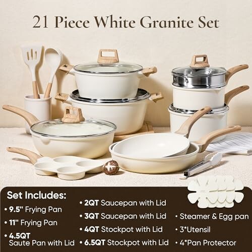21-piece white granite cookware set with various pots, pans, and utensils.