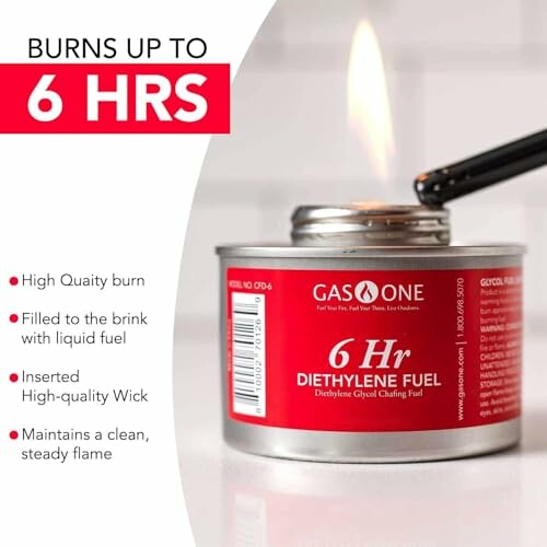 Gas One 6-hour diethylene fuel can with wick being lit.