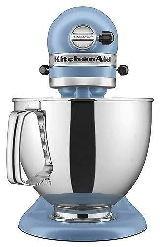 Blue KitchenAid stand mixer with stainless steel bowl.