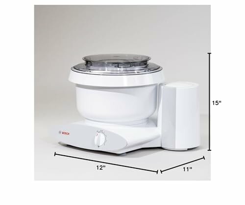Bosch kitchen mixer with dimensions, 15 inches tall, 12 inches wide, 11 inches deep.