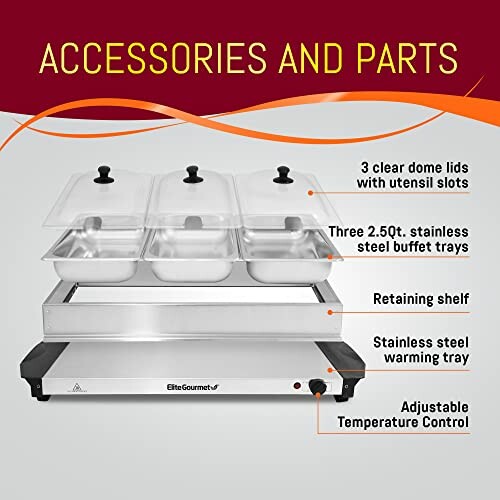 Buffet server with clear dome lids, buffet trays, and warming tray.