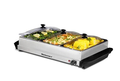 Buffet server with three food trays containing green beans, mixed vegetables, and corn on the cob.