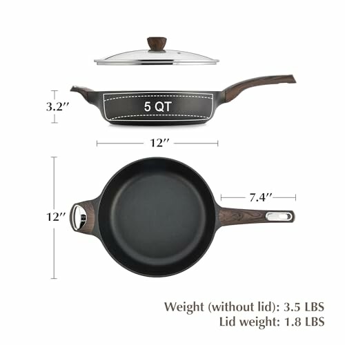 Cast iron skillet with lid, showing dimensions and weight.