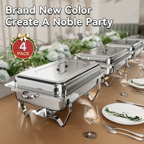 Row of chafing dishes on a table setup for a party.