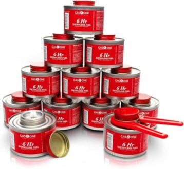 Stack of Gas One diethylene fuel cans with red lids.