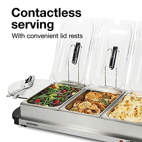 Contactless serving with convenient lid rests on a food warmer with trays of vegetables, chicken, and pasta.