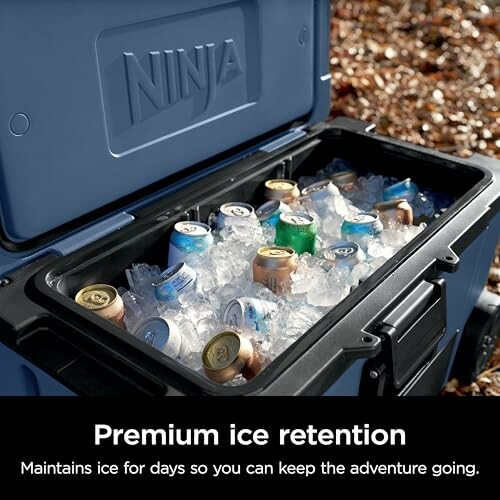 Open cooler box filled with ice and assorted beverage cans.