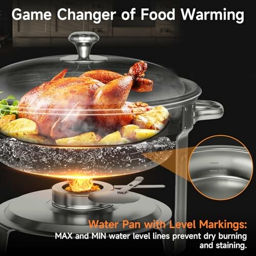 Transparent pan with roasted chicken and vegetables featuring water level markings.