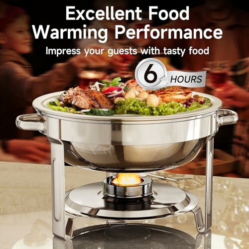Chafing dish with food over burner, showcasing warming performance.
