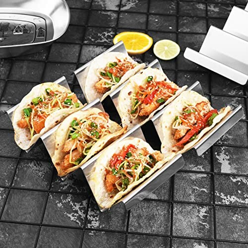 Grilled chicken tacos with vegetables in a metal holder.