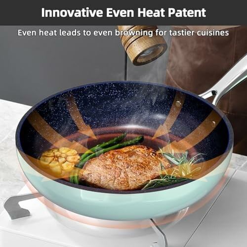 Pan showcasing even heat distribution with steak and vegetables.