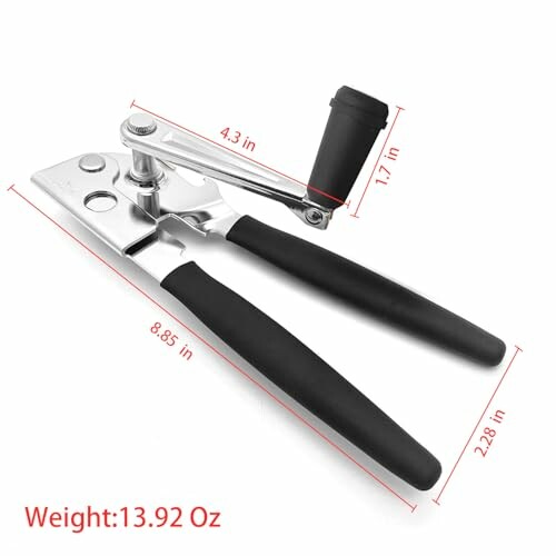 Manual can opener with black handles and measurement labels.