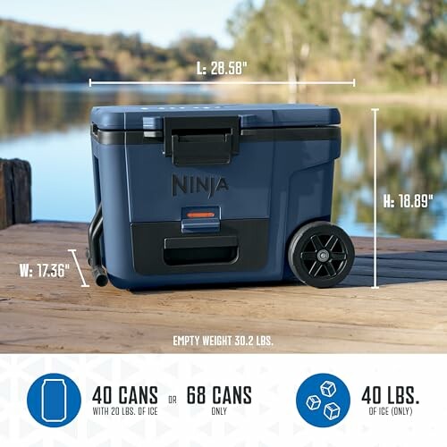Ninja cooler with dimensions and capacity details on a lakeside deck.
