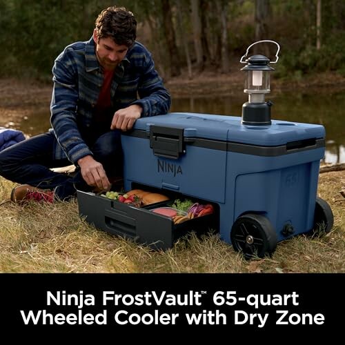 Man using Ninja FrostVault cooler with pull-out tray and lantern by a lake.