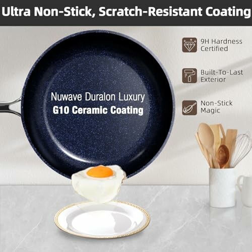 Non-stick pan with G10 ceramic coating, fried egg, and kitchen utensils.