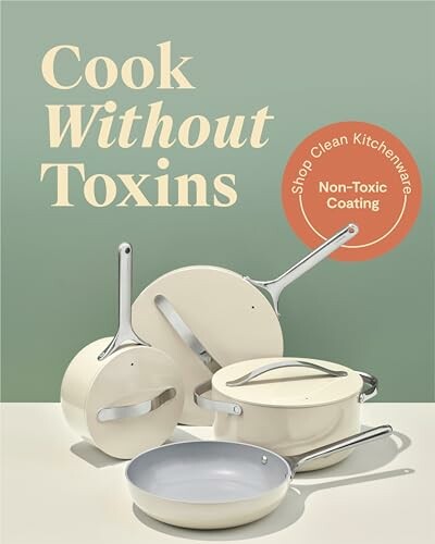 Ad for non-toxic cookware with various pots and pans.