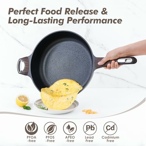 Nonstick pan with omelette, features PFOA, PFOS, APEO, lead, cadmium free.
