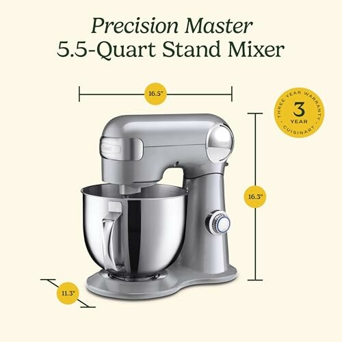 Precision Master 5.5-Quart Stand Mixer with measurements and warranty badge.