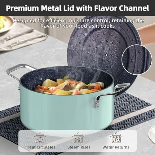 Cookware with premium metal lid and flavor channel.