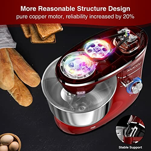 Red kitchen mixer with bread and eggs on a dark background.