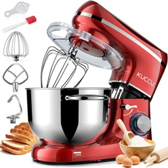 Red stand mixer with bowl and baking accessories.