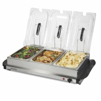 Stainless steel buffet server with three covered food trays.