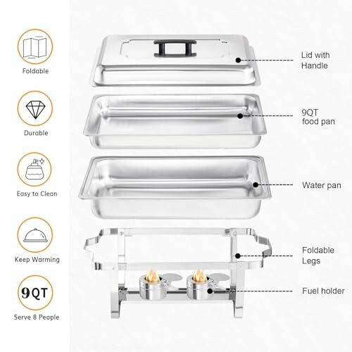 Stainless steel chafing dish with lid, food pan, water pan, foldable legs, and fuel holder.
