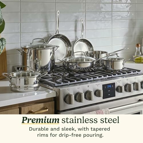 Premium stainless steel, durable and sleek, with tapered rims for drip-free pouring.