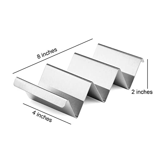 Stainless steel taco holder with three slots and dimensions labeled.
