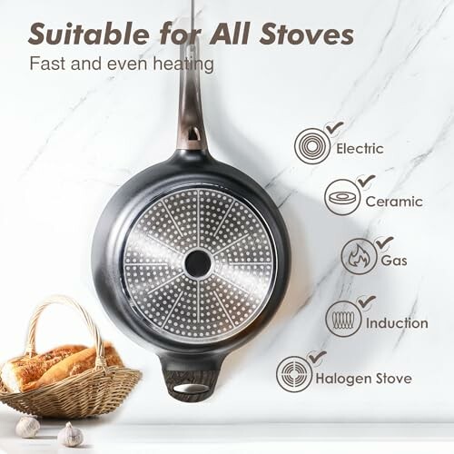 Pan compatible with electric, ceramic, gas, induction, and halogen stoves.