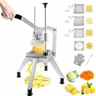 Manual vegetable and fruit chopper with interchangeable blades.