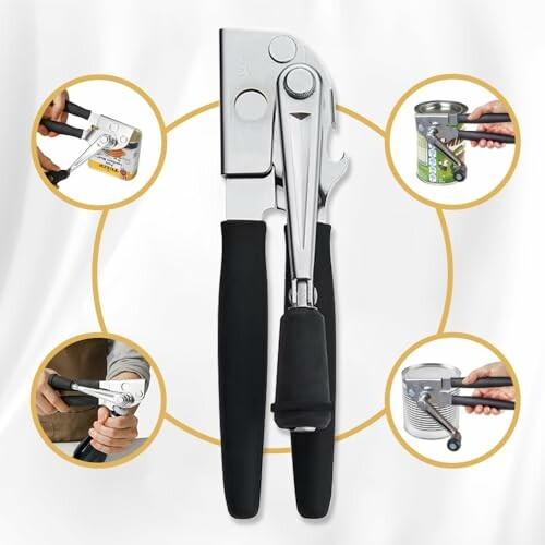 Multifunctional can opener with five usage examples.