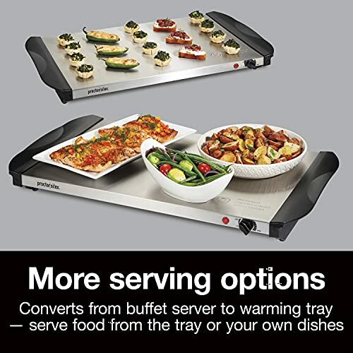 Warming tray with various foods and serving options displayed.